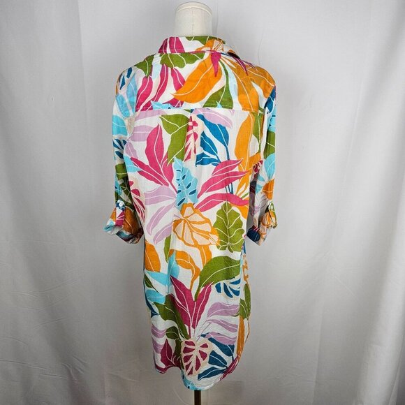 True Destinations Medium Button Long Shirt Multicolor Tropical Print Boho Beach - Picture 2 of 10